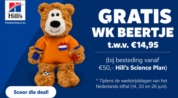 ACTIE: Gratis KONG WK beertje (t.w.v. €14,95) bij aankoop van minimaal €50,- Hill's Science Plan ACTIE: Gratis KONG WK beertje (t.w.v. €14,95) bij aankoop van minimaal €50,- Hill's Science Plan