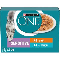 Purina One Sensitive Fijne Malse Reepjes in Saus Kip en Tonijn natvoer kat 8 x 85 gram