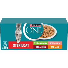 Purina One Sterilcat Fijne Malse Reepjes in Saus Rund, Kalkoen, Kip en Zalm natvoer kat 40 x 85 gram
